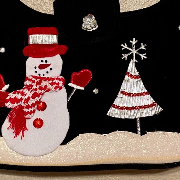 Winter Snowman & Christmas Tree Decorated Velvet Purse Handbag Black Beaded - Picture 6 of 12